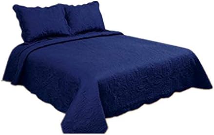 ALL FOR YOU 3-Piece Reversible Bedspread/Coverlet / Quilt Set with Embroideries (Navy, Full/Queen)