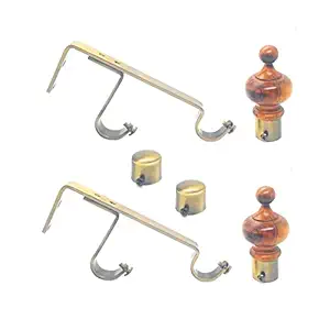 FAPBADRI Wooden Curtain Finials with Antique Gold Base for any 1 inch Curtain Rod / pipe for Doors and Windows, Screws & Wallplugs included, Wooden Tomb design, Double Rod Set (2 pcs Finial, 2 pcs Double Support and 2 pcs Simple Cap)