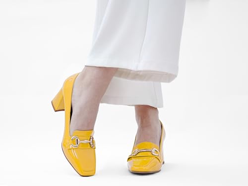 Image of Womens Mid Block Chunky Heeled Loafers Closed Square Toe Patent Leather Comfortable Slip On Pumps Metal Chain Basic Classic Casual Work Office Dress Shoes 2.8 Inches Heels