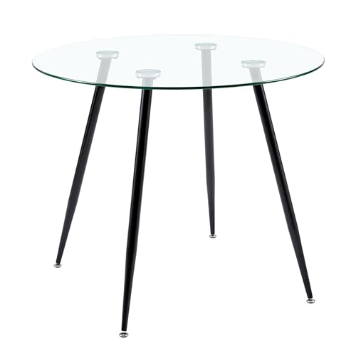 FURNITABLE | Mesa de Comedor escandinava de Cristal 80 cm – Patas de Metal Negro Mate – También Mesa Baja Minimalista