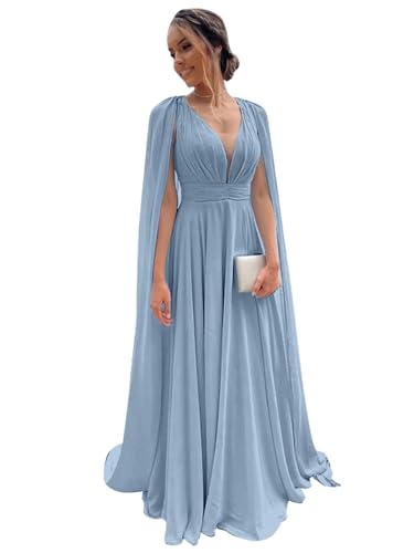 Women's Bridesmaid Dresses with Sleeves Pleated Chiffon V Neck Formal Evening Dress4