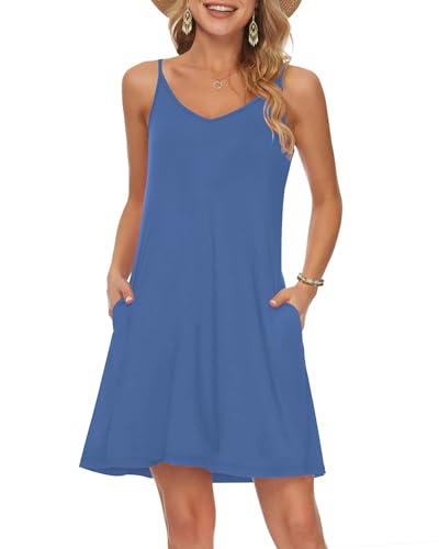 Image of MISFAY Women's Summer Spaghetti Strap Casual Beach Cover Up Dress with Pockets