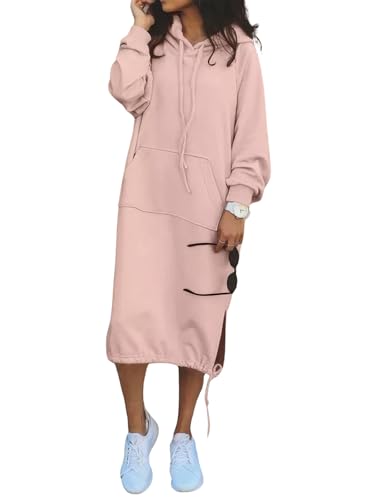 ebossy Womens Casual Loose Solid Color Drawstring Hoodie Fall Warm Cotton Sweatshirt Maxi Dress with Pocket (L Pink)