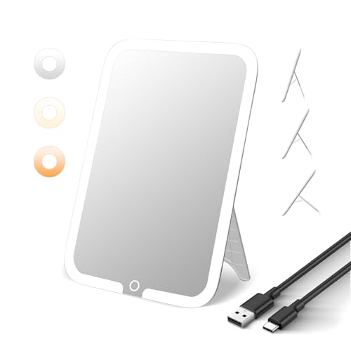 鏡 卓上 ライト付きミラー メイク 3つ光色 明るさ無段階調光 角度は自由に調整 卓上鏡 女優ミラー USB充電式 消し忘れ防止機能 収納便利 旅行用 持ち運びに便利 卓上ミラー 化粧鏡 折りたたみ (大型卓上ミラー)