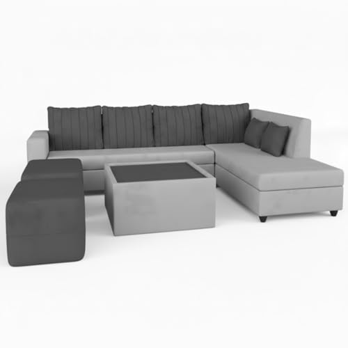 Image of CASASTYLE Stylano 8 Seater Fabric RHS L Shape Sofa Set with 1 Centre Table & 2 Ottoman (Dark Grey-Light Grey) 8-Person Seating with Premium Velvet Finish