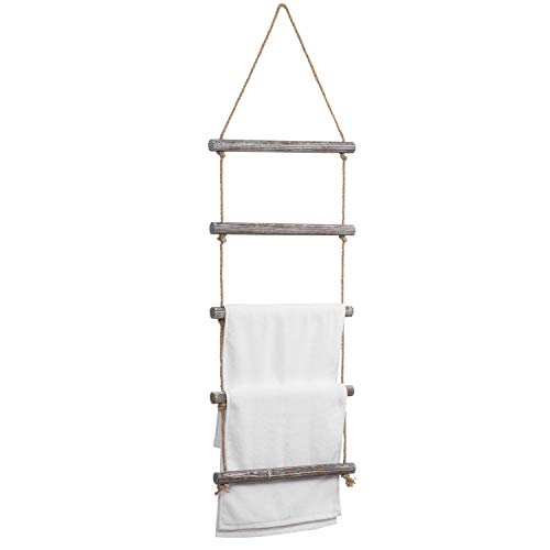MyGift 4-Foot Wall Hanging Rustic Torched Wood and Rope Ladder Towel Rack