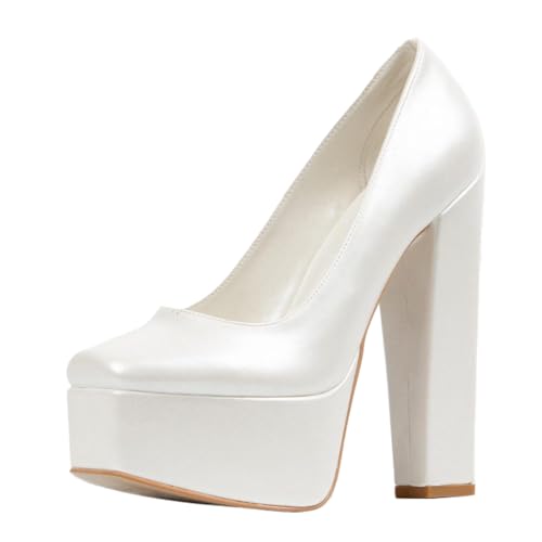 miss left Women Stylish Chunky High Heel Platform Pumps Closed Square Toe Slip on Elegant Prom Evening Dress Formal Shoes Size 4-16 US