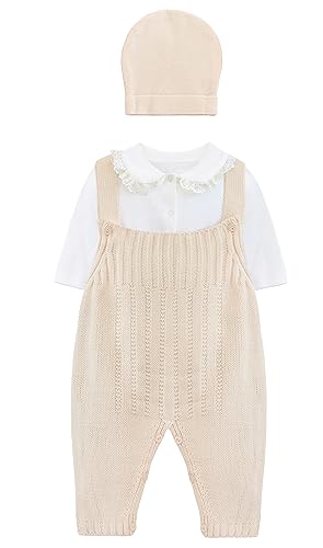 Lilax Baby Girls' Knit Jumpsuit Ribbed Romper with Bodysuit and Hat 3 Piece Set (3-6 Months, Beige)
