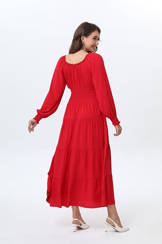 Image of OSTOO Women's 2026 Casual Long Sleeve Square Neck Smocked High Waist Flowy Maxi Dress,Boho Tiered Beach Party Dress