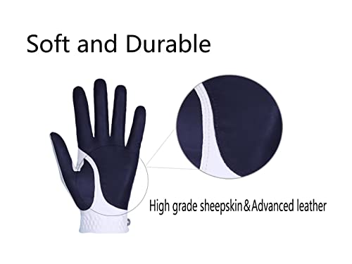 Men's Golf Glove Colorful Cabretta Leather And Synthetic Leather,Three Pack（Left Is Wear On Left Hand,Right Is Wear On Right Hand） Four Colors To Choose From Navy Blue/Sky/Red/Coffee(Navy,M,Left) #TOP4