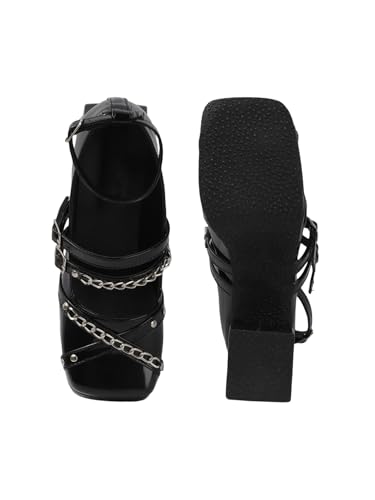 Image of TRYME Women's Ankle Buckle Strap Mary Jane with Chain Chunky Block Heel Sandals