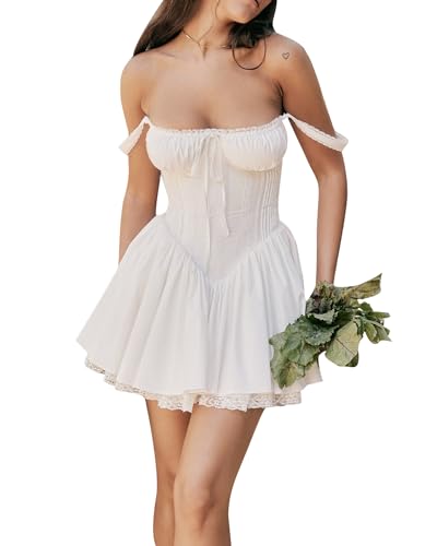 Fexofao Damen Milkmaid Kleid Korsett Mini Kokette Kleid Ärmellos Square Neck Tie Up Front Short Tank Casual A-Linie Kleid, weiß, Small