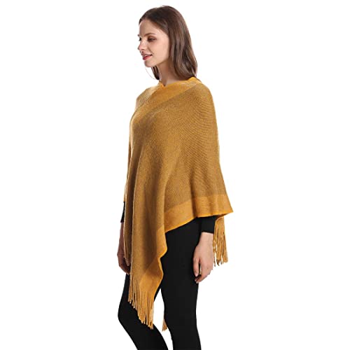 Image of Women's Elegant Knitted Shawl Poncho with Fringed V-Neck Striped Sweater Pullover Cape Gifts for Women Mom