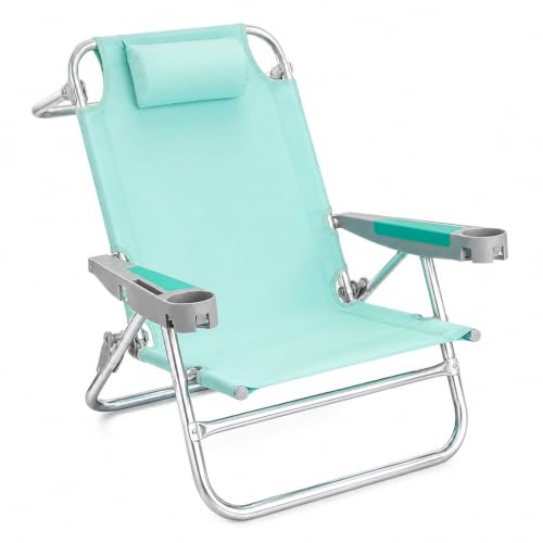 Image of SUNNYFEEL XL 28 inch Extra Wide Beach Chair for Adults,Low Backpack Beach Chair | 5-Position Lay Flat Reclining, 500 lb Heavy Duty Folding Chair with Pillow & Cup Holder, Teal