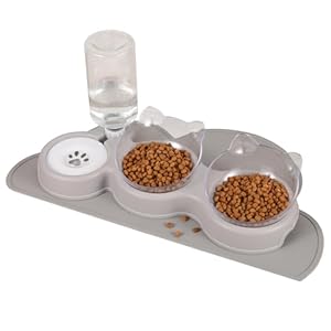 Radsocken 3-in-1 Cat Bowl with Anti-slip Protective Pad,Cat Bowl with Stand Tilted 15°,Double Cat Bowls with Water Dispenser,Petachable Pet Bowl,Anti-Spill and Adjustable Pet Food Bowl