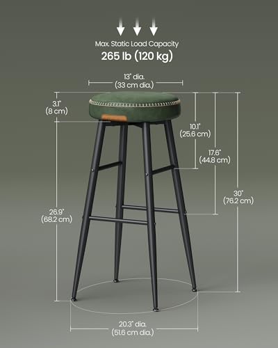 Image of VASAGLE EKHO Collection - Bar Stools Set of 2, Kitchen Counter Stools, Breakfast Stools, Synthetic Leather with Stitching, Mid-Century Modern, 30-Inch Tall, Home Bar, Forest Green ULBC090C01V1 | Breakfast Stools, PU Leather with Stitching, Transitional, Home Bar, Forest Green, EKHO Collection ULBC090C01