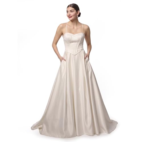 Davids Bridal Wedding Dress - Satin Corset Bodice Ball Gown with Strapless Sweetheart Neckline Structured Fit Full Skirt Back Zipper Smooth Lined Finish for Ceremony Reception and Special Day