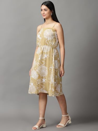 Image of SHOWOFFFF Women Floral Fit and Flare Casual Dress | Shoulder Straps Sleeveless Georgette Dress for Womens | Knee Length Dress for Women's