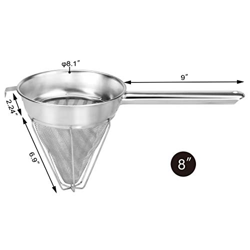 Image of New Star Foodservice Reinforced Bouillon Strainer, 8-Inch, Fine Mesh, 18 /8 Stainless Steel, Commercial Kitchen Strainer for Stocks, Sauces, Soups, and Purees (Pack of 2)
