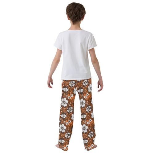 Pajama Pants Brown White Hawaiian Flowers Tribal PJ Bottoms Sleepwear Lounge Sleep Pant with Pockets3