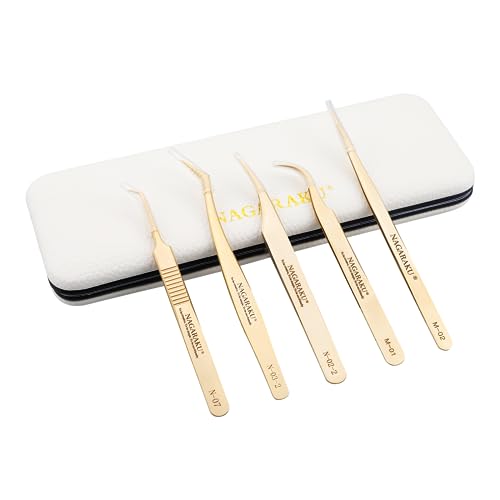 NAGARAKU 5 PCS Tweezers for Eyelash Extensions Straight and Curved Precision Professional Tweezer for Lash Extensions Volume Easy Fanning lash Precise Point with Storage Case Bag