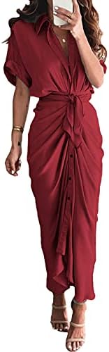 TEWWEY Women’s Midi Sleeve Vintage Wrap Dress Solid Color V-Neck Maxi Dresses with Belt