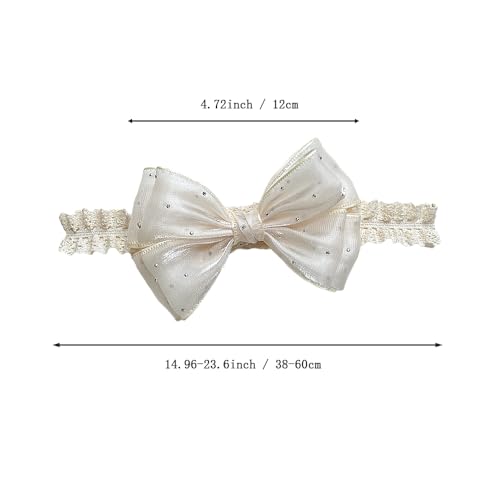 Lace Bow Baby Girl Headband Cute Gauze Bow-Knot Hair Band Elastic Turban Head Wrap Soft Lace Rhinestone Crystal Hair Accessory for Newborn Infants Toddler (Off white, Standard size)4