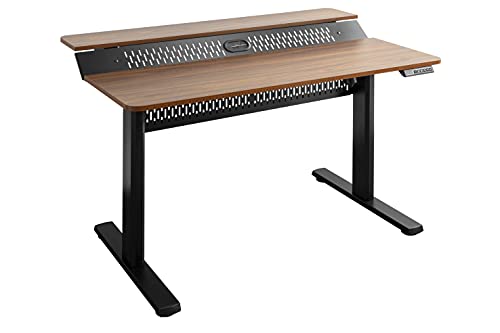 Image of Manual Height Adjustable Sit Stand Desk Frame | Width Adjustable Standing Desk with Retractable Crank Handle | Heavy Duty Steel Frame Load Capacity up to 60 kg (Black Frame & Dark Walnut TT)