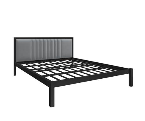 Image of Homdec Venus Wall-Supported Upholstered Headboard Metal Bed (Black, Queen (U.K. Standard))