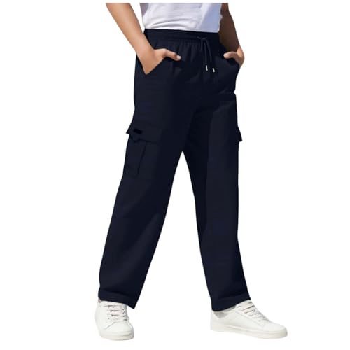 Girls Cargo Sweatpants High Waist Straight Leg Loose Trouser Pocket Fashion Comfort Casual Daily Pant (5-15 Years) Navy