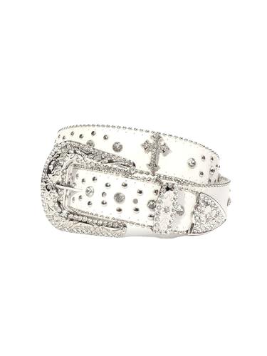 Strapvia Rhinestone Belt for Men & Women Western Cowboy Cowgirl Belt with Bling Cross Design for Jeans (Full white waist size 38-41)