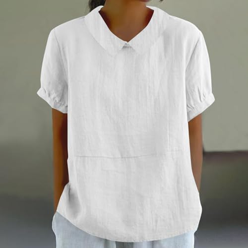 Peter Pan Collar Shirts for Women Short Sleeve Cotton Linen Blouse Summer Casual Plain Tunic Tops Teen Girls T Shirts2