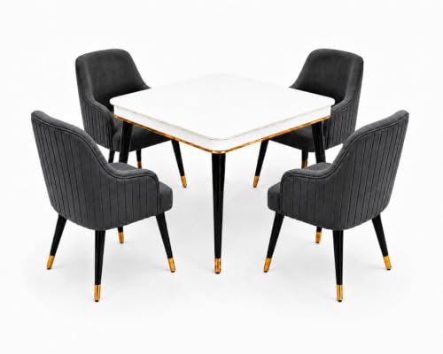 Image of WOODEN SPACE 4 Seater Wooden Dining Table Set | Urban Marble Top Dining Table with Chairs for Dining Room & Kitchen (Modern Zyro Dark Grey) (42 x 42 x 30 inch)