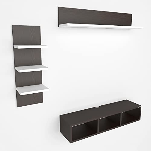 Image of ESTANTERIA Tv Unit Wall Mounted Engineered Wood TV Unit, TV Cabinet for Wall, TV Stand for Wall, TV Stand Unit Wall Shelf for Living Room, Set Top Box Wall Display Rack Stand (Wenge /White)