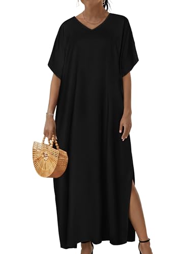 Image of Runwind Plus Size Maxi Dress for Women Short Sleeve V Neck Casual Long Dresses with Pockets