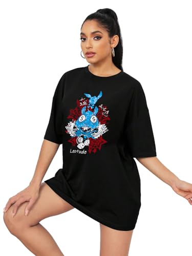 Image of LEOTUDE Women's Oversized Cottonblend Half Sleeve Round Neck Printed Regular Fit T-shirt