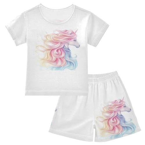 Rainbow Horse White Pajama Set Short Sleeve Summer Pajamas Sleepwear Nightwear Set Cotton 5Y