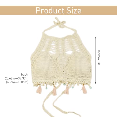 Image of PALAY Women's Summer Beach Backless Crochet Halter Bikini Crop Top Crochet Hollow Out Tassle Embroidery Knit Boho Beachwear