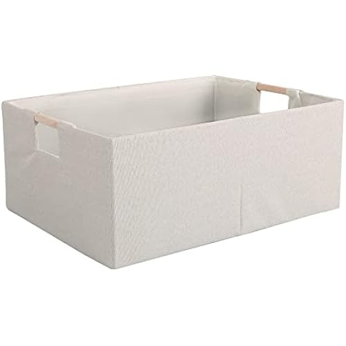 Fabric Storage Bin Box Foldable Cotton Linen Storage Basket with Wooden Handles Rectangular Cube Decorative Home Laundry Organizer Clothes Blanket Container – Beige, Medium