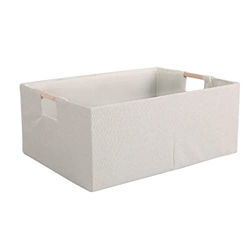 Fabric-Storage-Box-13x9in-Foldable-Cotton-Linen-Basket-with-Wooden-Handle Fabric Storage Box, 13x9in Foldable Cotton Linen Basket with Wooden Handle - Image 1