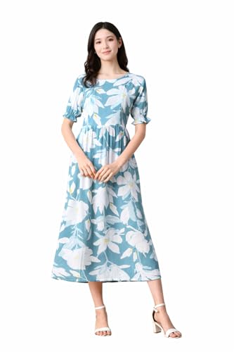 Image of Ichaa Women's Aqua Rayon Printed Maternity Dress with Feeding Zips and Pocket, in Plus Sizes