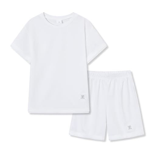 KIDLAGA Boys Clothes 2-Piece Outfits Color Block Short Sleeve T-shirt & Shorts Teen Boy Clothes Kids Summer Clothing Sets Sizes 11-12 Years White