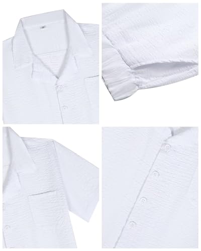 Image of Boys Summer Textured Outfit Beach Short Sleeve Button Down Shirts and Shorts 2 Piece Vacation Clothing Set for Kids