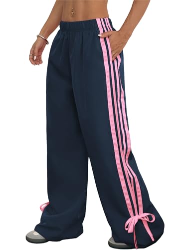 ZAFUL Womens Side Striped Pant Baggy Wide Leg Sweatpants Elastic Waisted Contrast Stripes Loose Fit Trousers(3-Blue&Pink,M)