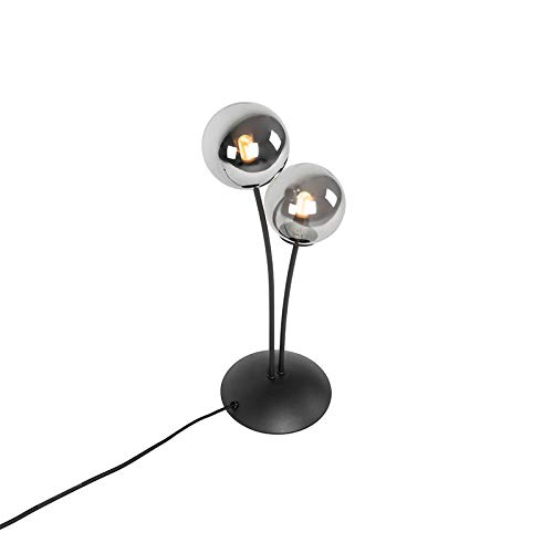 Qazqa Modern Tischleuchte mit Glas, Tischlampe - Athens - Schwarz mit Rauchglas, max. 28W, Geeignet für LED, 48cm, Ideal als Küche lampe, Schlafzimmerlampe und Wohnzimmerlampe