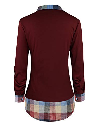 Image of Oyamiki Women's Casual Collared Curved Hem 2 in 1 Pullover Tops Plaid Contrast Shirt Blouse
