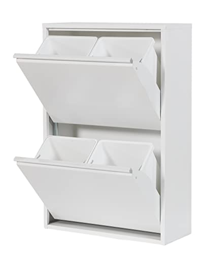 Atahome Recycling Bins for Kitchen Metal Slim Trash Bin Cabinet 4 Bins Plastic Buckets with Metal Handles, 4x15 Litres Bin Divider Storage Organiser, Sturdy Rubbish Bin Didyma 2+2 Drawer (White)