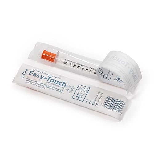 Image of Easy Touch Individually Wrapped 27 Gauge U-100 Insulin Syringes (27G 1cc 1 /2 inch) with 1 /2 inch Long Needle, 1cc (100 Unit Capacity), Bold Markings for Accurate Dosing, Disposable, Box of 100