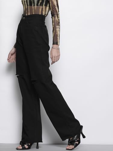 Image of Sassafras Women's Distressed Slim Fit Slit - Casual Streetwear Denim Wide Leg Jeans