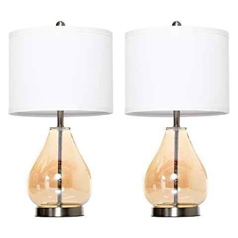 HOMCOM 2-Set Tischlampen Tischleuchten E27-Fassung Nachttischlampe 40 W Glas Leinen Stahl Bernstein Ø30 x 56H cm Cover